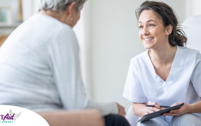 A woman smiles while with a client representing the pros of the home care industry.